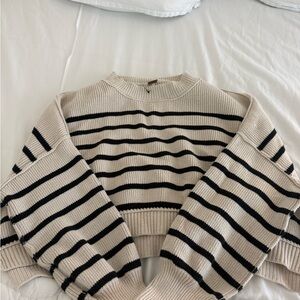 Free People Beige and Black Striped Cropped Crewneck Sweater
